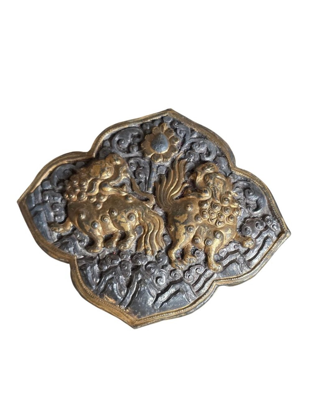 Vintage Bergamot Brass Plated Chinese Foo Dogs Belt Buckle 3.5" x 4"